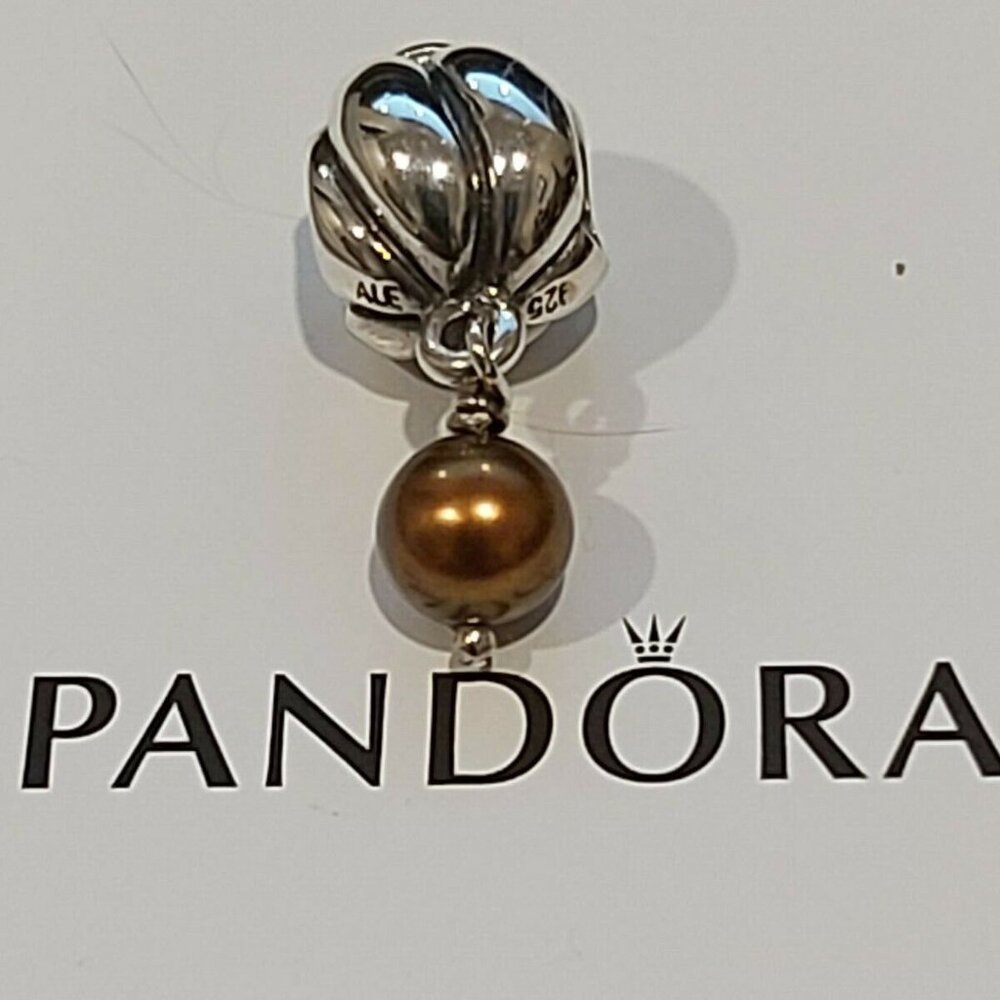 Auth PANDORA *RETIRED* & RARE SS& 14k Blooming Brown CZ & Pearl Dangle 790402BCZ
